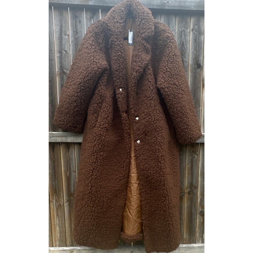 NWT PrettyLittleThing Oversized Teddy Sherpa Coat Brown Long Size M
